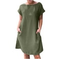 thumbnail image 2 of Wycnly Womens Dresses Casual Solid Plus Size Cotton Linen Midi Sundress with Pocket Summer Plain Round Neck Short Sleeve Formal Knee-Length Dress Army Green XXXL, 2 of 6