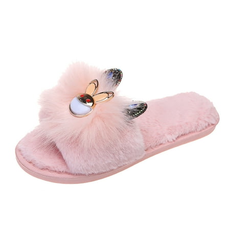 

Women s Pure Color Bunny Rhinestoneh Warm Home Casual Flat Slippers