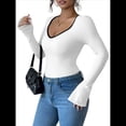 thumbnail image 2 of Camisetas Ajustadas con Cuello en Forma de Corazón para Mujer, Tops de Punto Acanalado con Mangas Largas Acampanadas L, 2 of 7