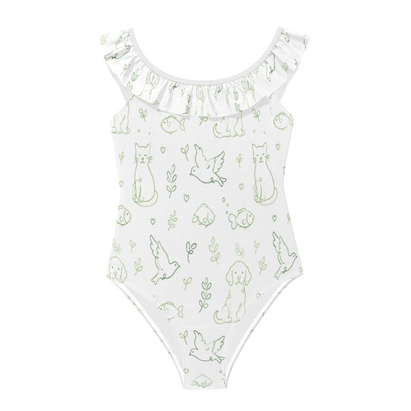 Girls Ruffled One Piece Swimsuit Summer Beach Vacation Swimwear Tank Swimsuit Cute Animals with Green Lines