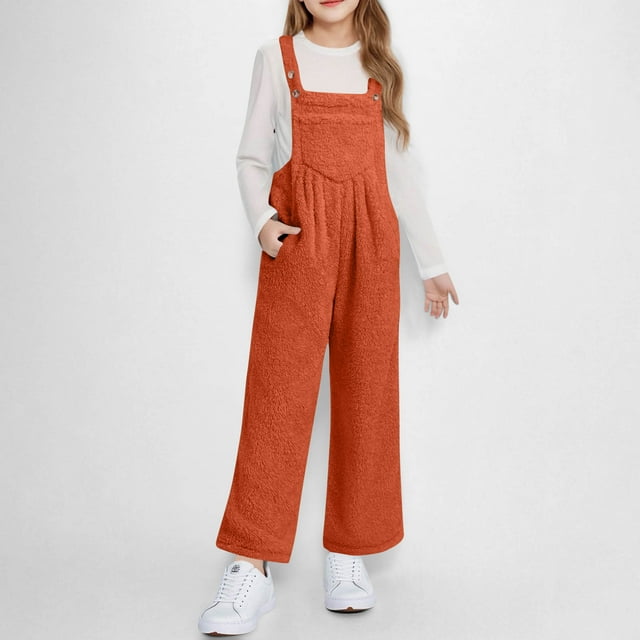 EGNMCR Full Length Pants 5-14 Years Old Girls' Fall And Winter Sleeveless Jumpsuit With Built-in Tank Fleece Pocket Solid Color Girl Polyester Pants