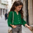 thumbnail image 4 of PiGOGI Girls Ruffle 3/4 Sleeve V-Neck Button Down Top Solid Color Soft Casual Blouse for Kids Green 11Years, 4 of 8