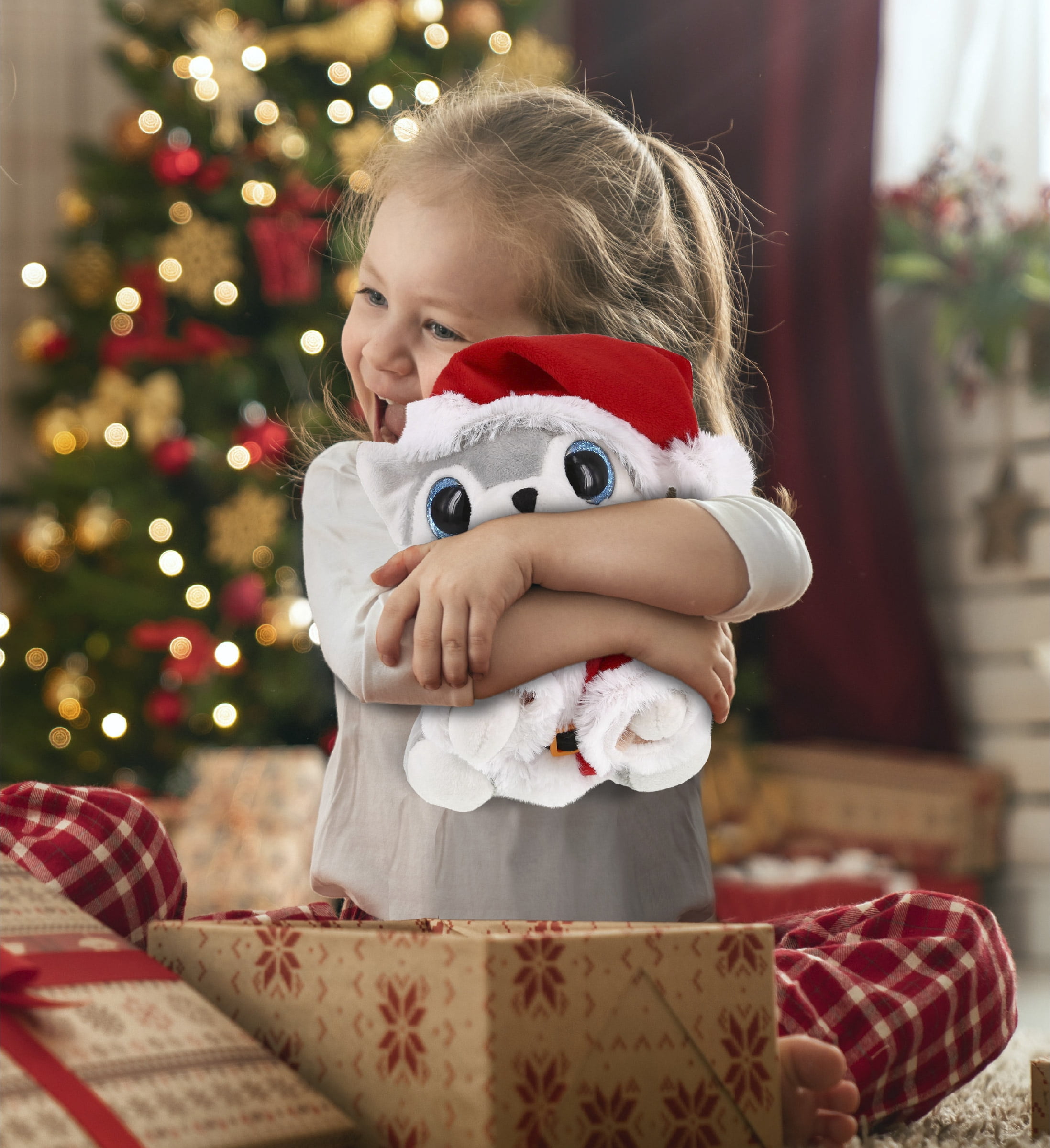 DolliBu Santa Sparkle Eyes Wolf Stuffed Animal Plush Toy - Super Soft Dress Up with Red Santa Claus Outfit, Cute Wildlife Holiday Christmas Gift - 8 Inches