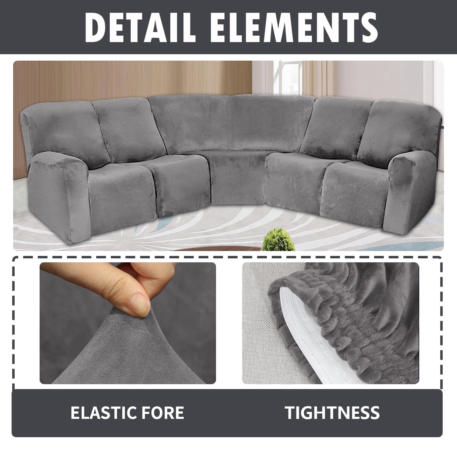 Eurhowing 5 Seat Recliner Sofa Cover, Soft Velvet Stretchable L-Shaped Sectional Couch Slipcovers, Corner Reclining Sofa Covers Furniture Protector, Grey