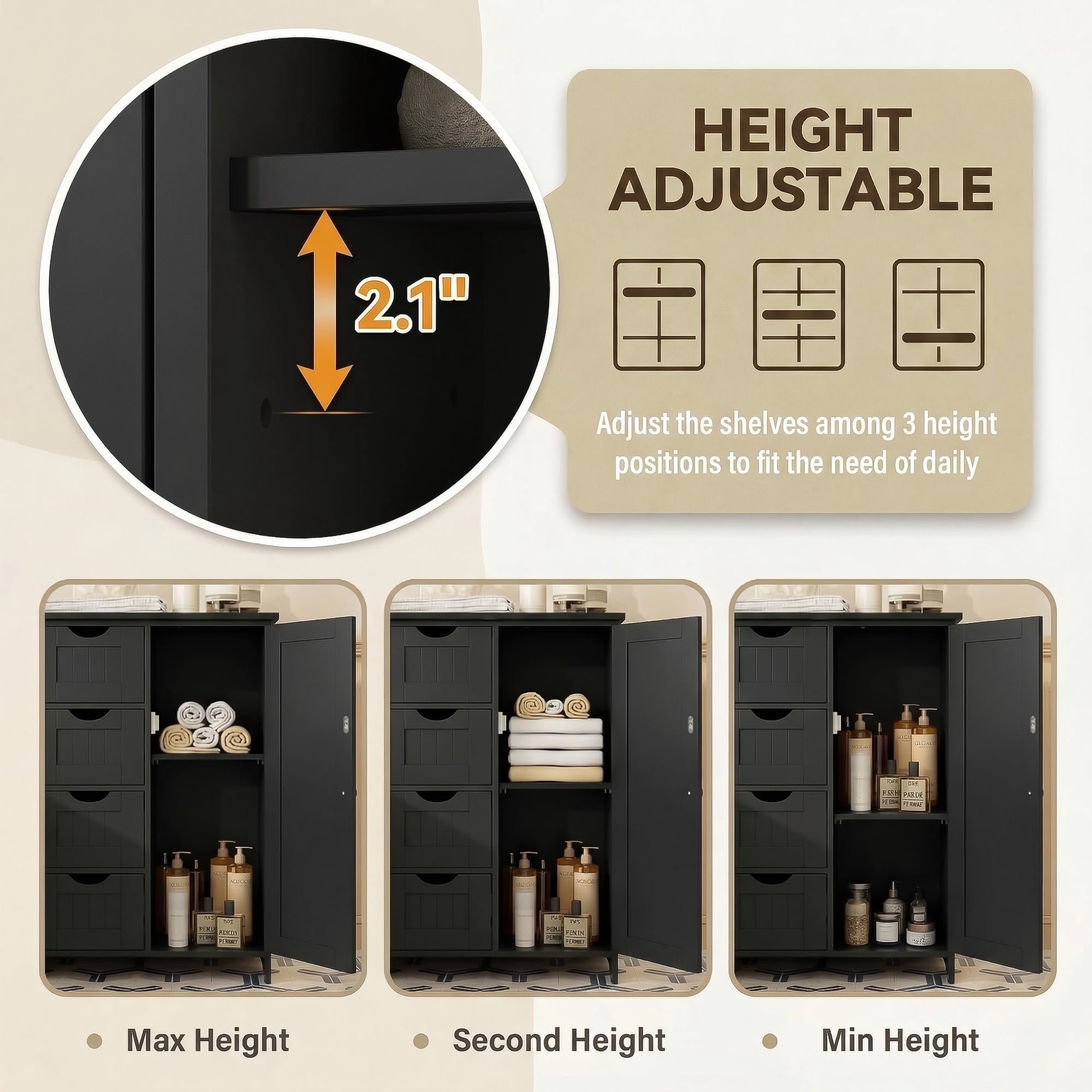 Furmax Wooden Bathroom Floor Cabinet with 4 Drawers, 1 Adjustable Shelf & 1 Cupboard，Side Storage Organizer Storage Cabinet for Bathroom, Entryway, Black