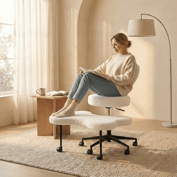 Pinmoco Cross Legged Office Chair, White Boucle Ergonomic Criss Cross Swivel Desk Chair, Heavy Duty Wide Seat for Meditation & ADHD, Armless