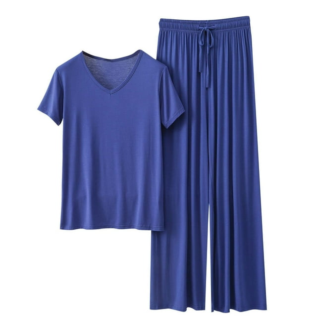 DPTALR Women's V-Neck Summer Loose Solid Color T-shirt Lace Up Wide Leg Pants Home Wear Two-piece Set