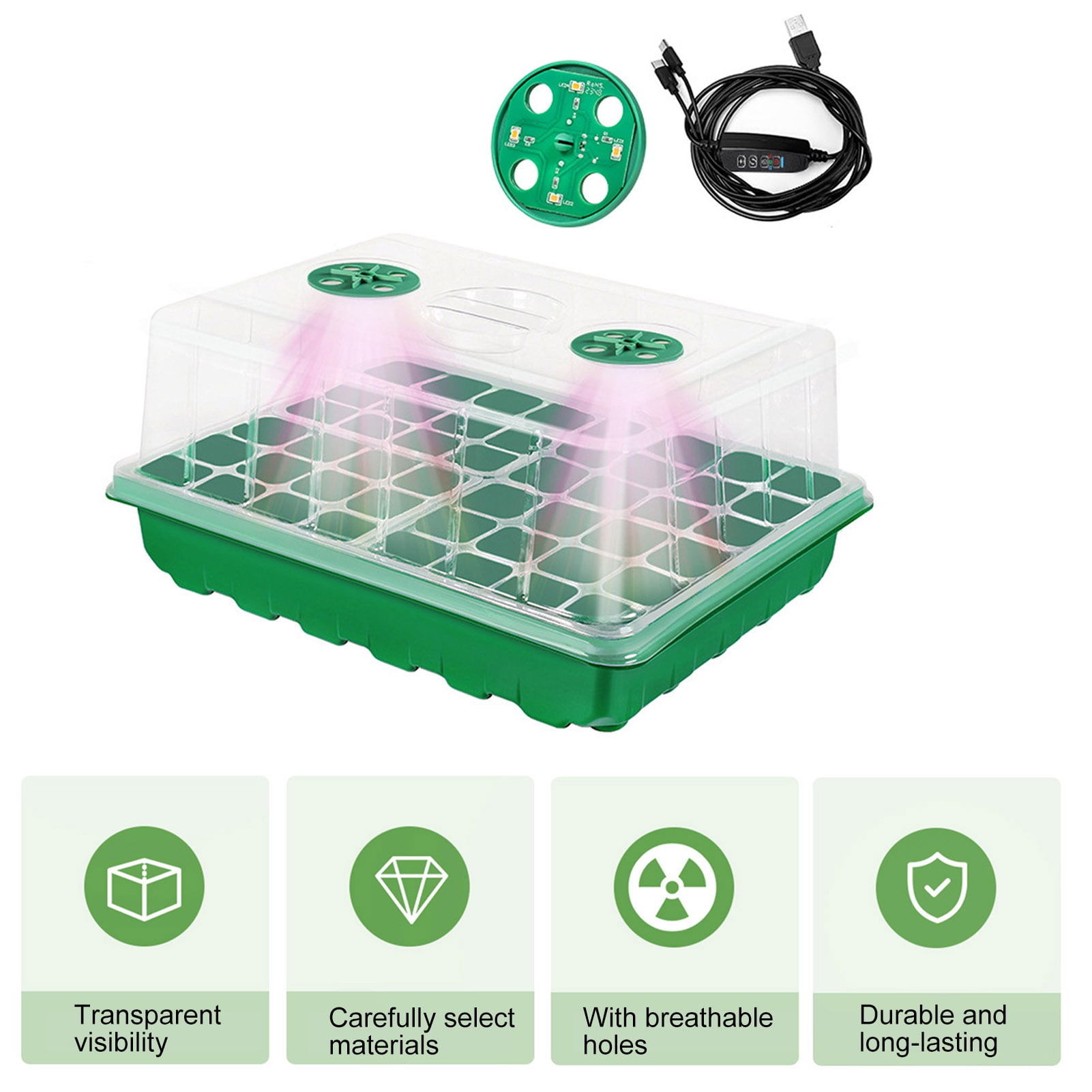 OIUR Plants Nursery Box Seeds Starter Tray with Humidity Dome Transparent Seeds Germination Tray with Adjustable Vents Light for Seedlings Growth