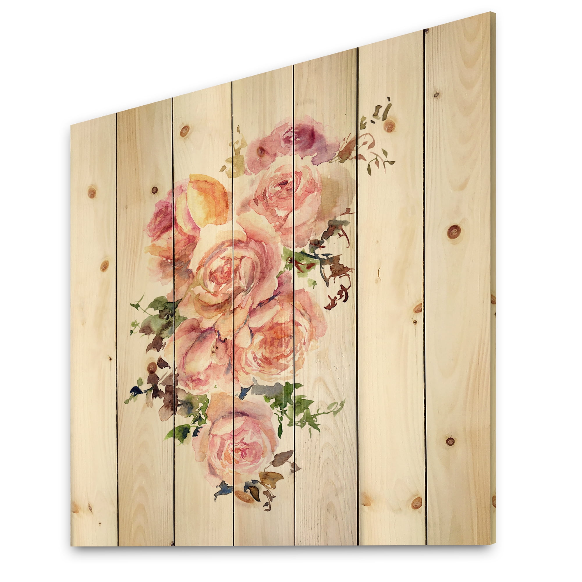 Designart 'Bouquet Of Pink Roses Flowers' Traditional Print on Natural Pine Wood