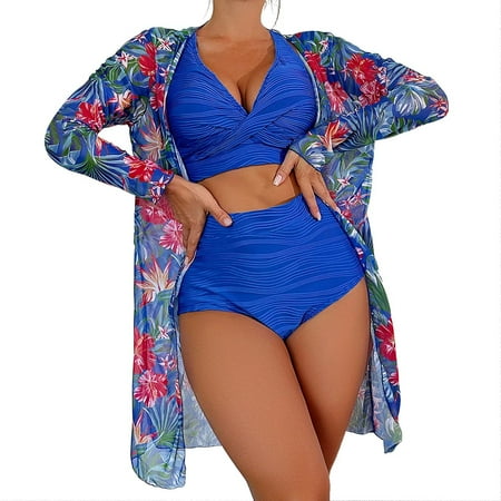 XUELUO Womens Bikinis Solid Color Sexy Spaghetti Strap Push Up Bra And High Waist Panty Set Long Sleeve Cover Up Three Pieces Tankinis Swimwears Activewear
