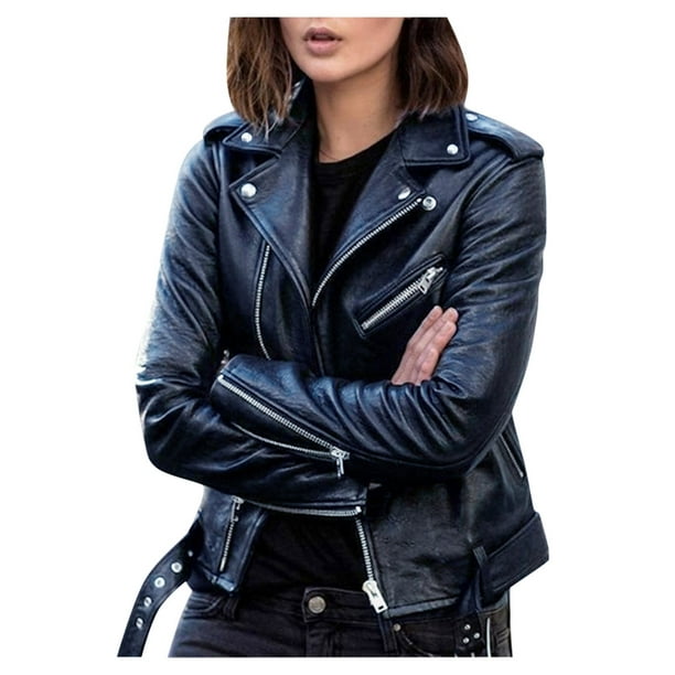 hoksml Womens Coats, Women Cool Faux Leather Jacket Long Sleeve Zipper  Fitted Coat Fall Short Jacket Clearance 