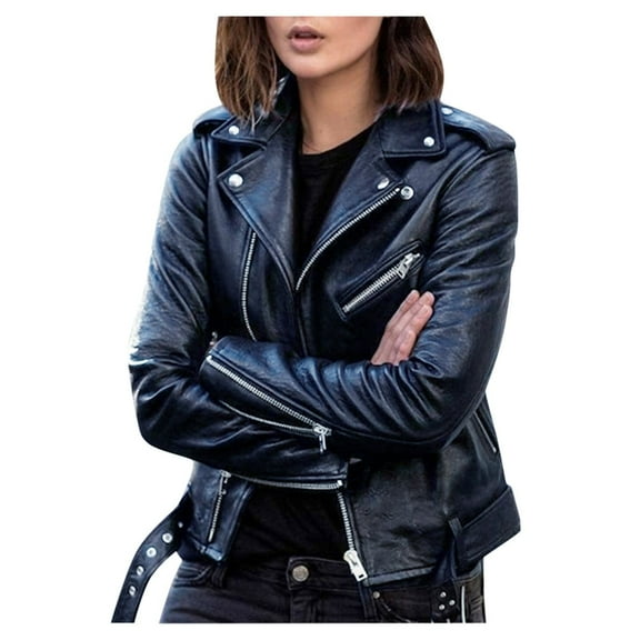 IROINNID Women's Faux Leather Jacket Long Sleeve Solid Color Notch Lapel Outwear, Comfy Cool Faux Leather Jacket Fitted Jacket Fall Short Jacket