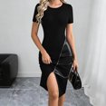 thumbnail image 5 of Women's Summer Short Sleeve Crew Neck Midi Dress PU Leather Zipper Split Bodycon Dresses Black, 5 of 7