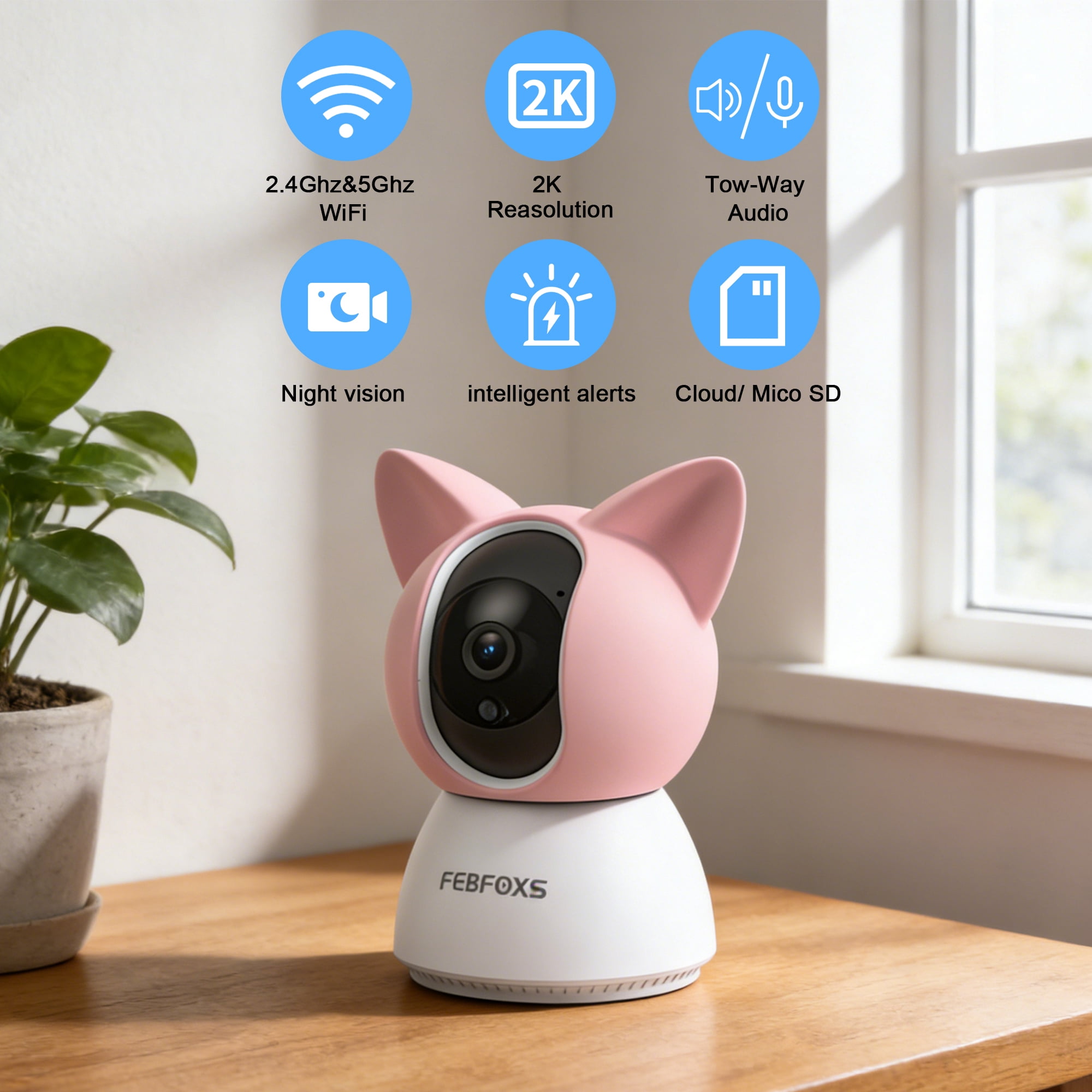FEBFOXS 2K Baby Monitor, 5G/2.4G Wifi Indoor Security Camera, 360°Pan/Tilt Baby Monitor with Camera and Audio, Night Vision, 2-Way Audio