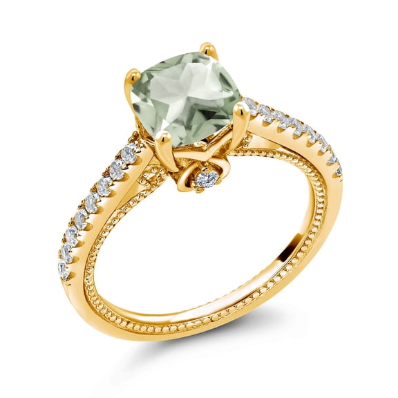 Gem Stone King 1.70 Ct Green Prasiolite White Created Sapphire 18K Yellow Gold Plated Silver Ring