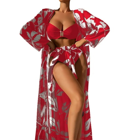 Swimsuit Coverups for Women 2024 2024 3 Piece Bikini Set Cover Up Swimsuit High Waist Bikinis for Women Long Sleeve Push Up Swimwear Beach Wear Bathing Suit Female Womens Swimwear Cover-ups