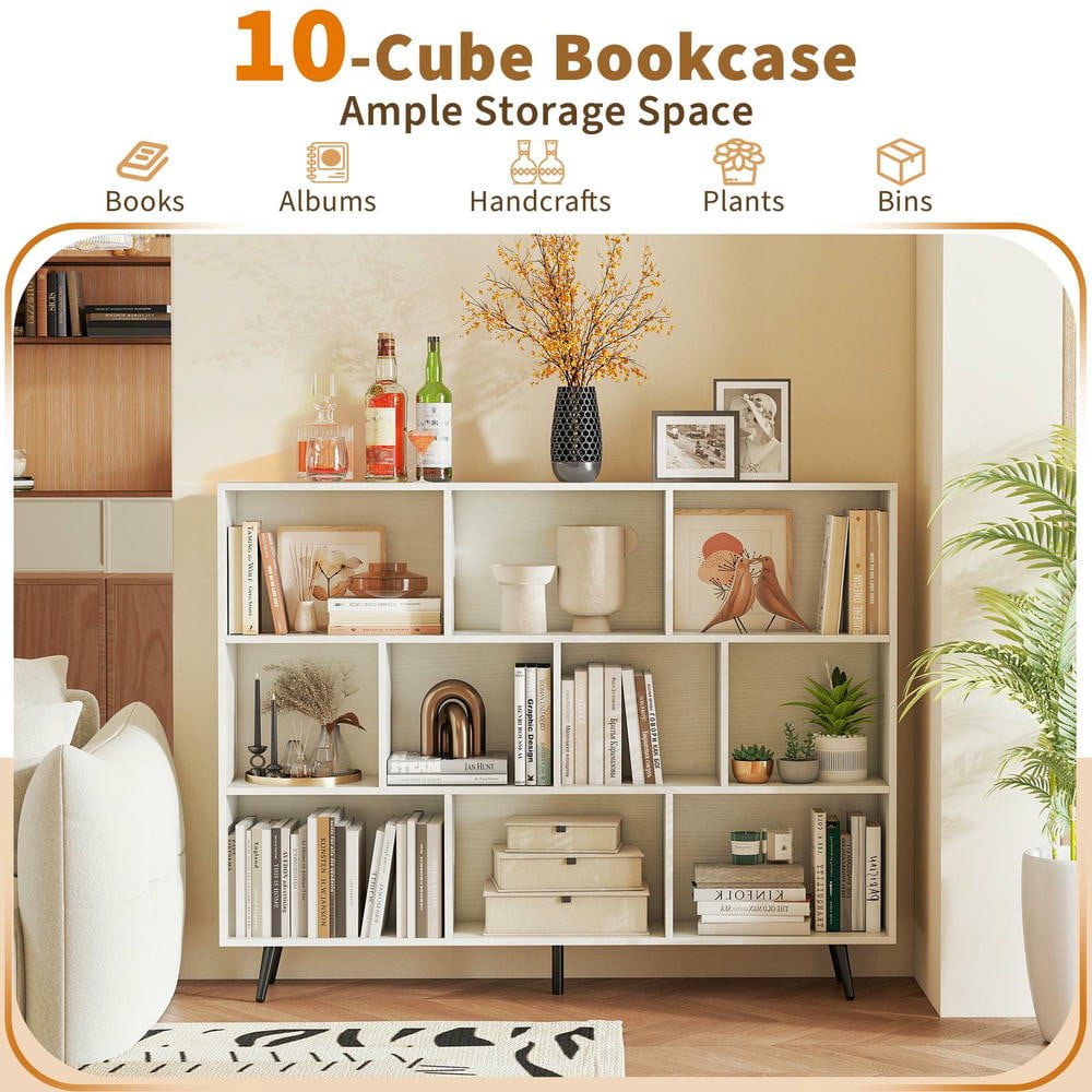 Resenkos 10-Cube Bookcase with 5 Tapered Metal Legs, White + Black