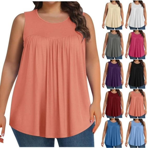 Olyvenn Summer Tank Tops for Women Plus Size Loose Fit Pleated Crew Neck Sleeveless Shirts Oversized Casual Workout Beach Tees Beige L