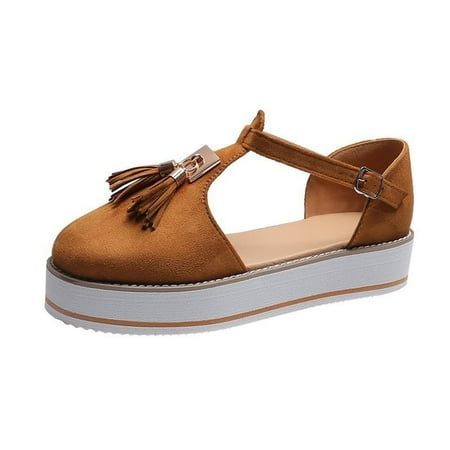 

Summer Savings Clearance! PEZHADA Sandals Women Sandals for Women Dressy Summer Casual Thick Bottom Flat mps Tassel Round Toe Sandals Buckle Strap Beach Shoes Brown 37