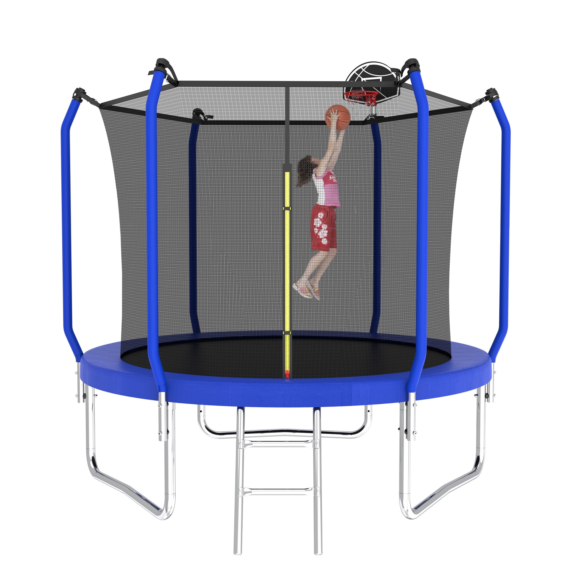 10FT Trampoline with Basketball Hoop, Reinforced Outdoor Trampoline with Safety Enclosure Net, Ladder & Basketball