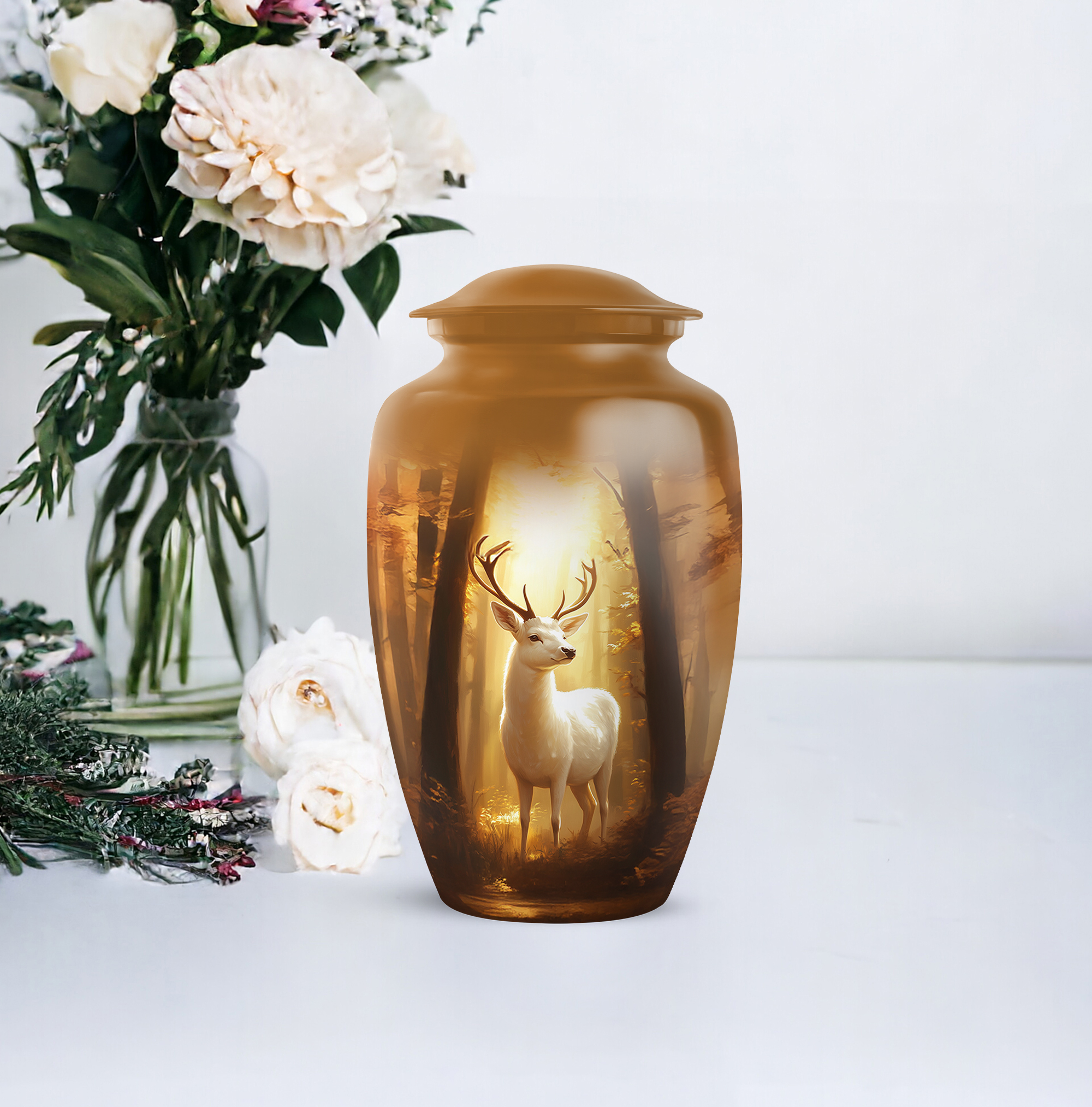 Deer Small Keepsake Urns For Human Ashes For Female Set Of 4 - 1 Large Burial Urn For Adult Brother - Golden Cremation Urn Male And Female - Brown Funeral Urns For Adult Women - (10&3)inch