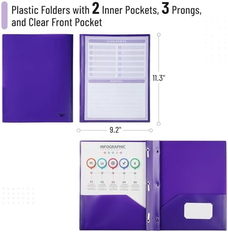 - Plastic Folders with Pockets and Prongs, 24 Pack, Letter Size, Purple, Flexible Plastic Folders with Prongs, Clear Front Pocket and Card Slot