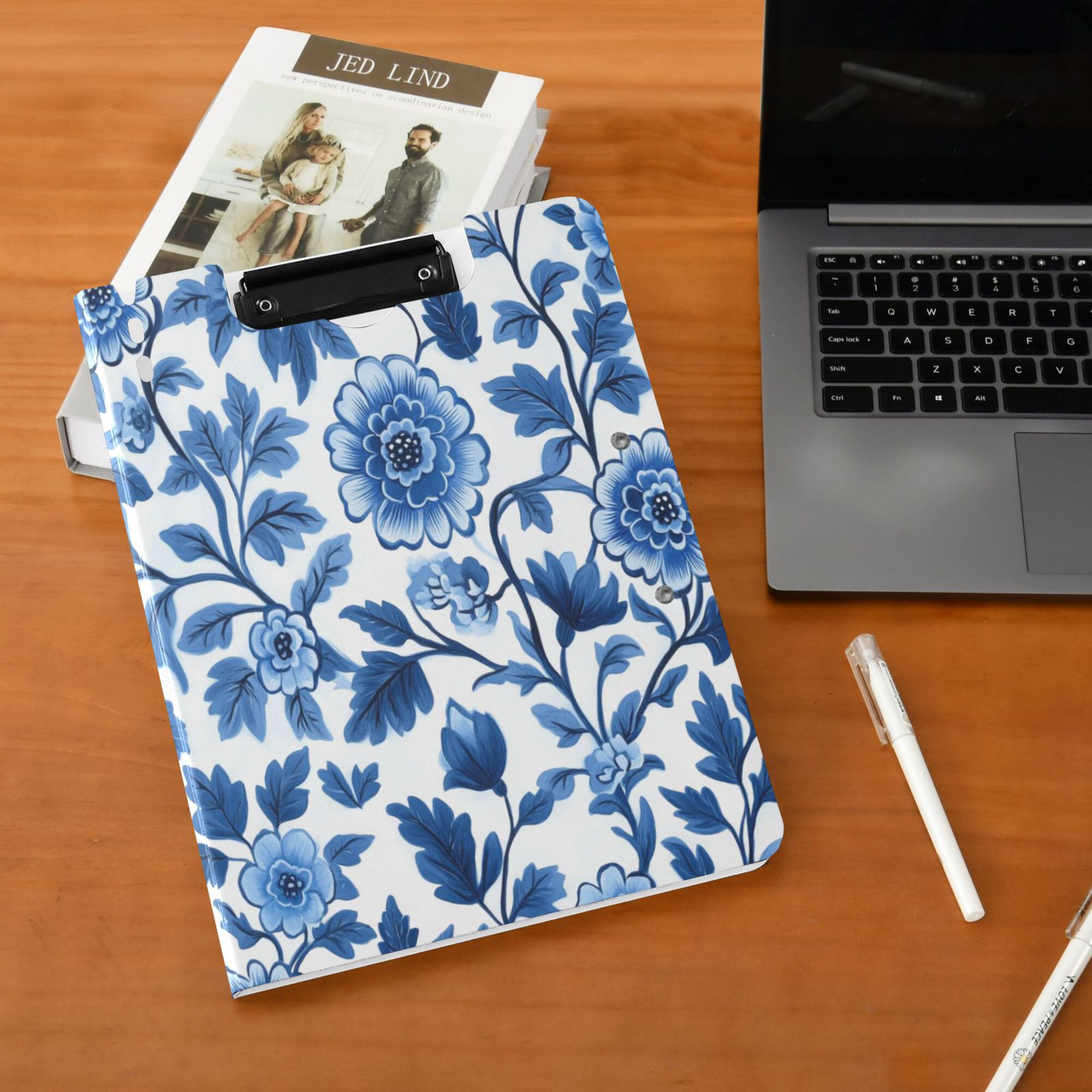 FORMRS A4 Clipboard Folder with Pen Holder Horizontal Foldable School Office Binder, Blue Floral Pattern
