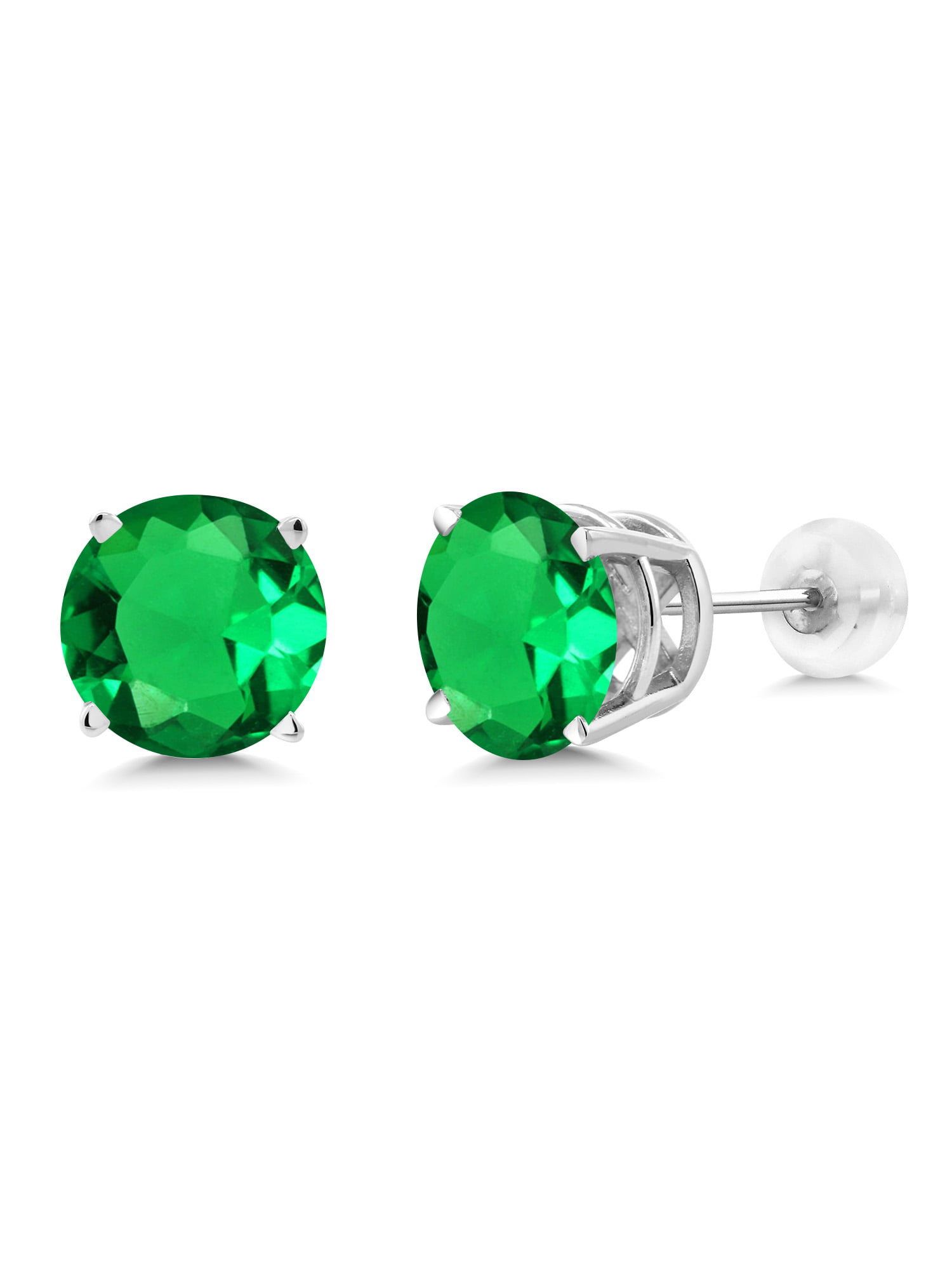 Gem Stone King 14K White Gold Green Simulated Emerald Stud Earrings For  Women (3.30 Cttw, Round 8MM)
