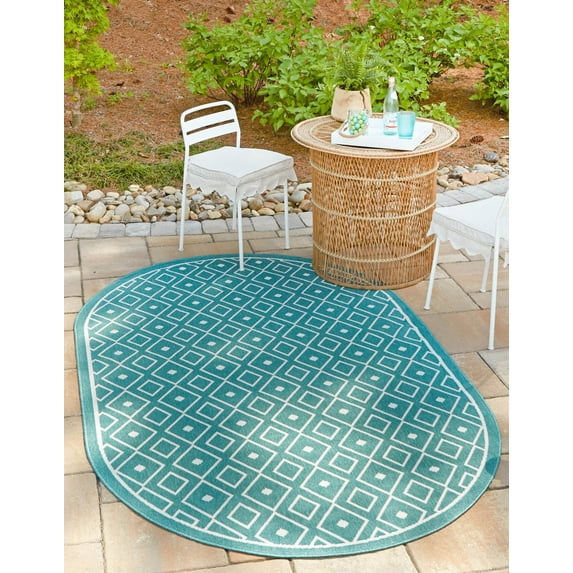 Rugs.com Outdoor Lattice Collection Rug – 5' x 8' Oval Teal Flatweave Rug Perfect For Living Rooms, Large Dining Rooms, Open Floorplans
