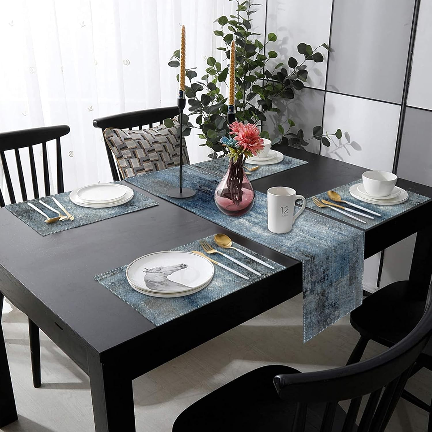 Vintage Blue Grey Table Runner and Placemats Set of 6, Modern Abstract Painting Art Dining Decor for Daily Use(1 Table Runner 72 inches Long and 6 Placemats)