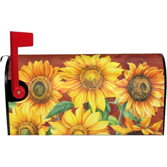 Yellow Blooming Sunflowers Magnetic Mailbox Cover Green Leaves Summer Wild Flower Art Design Post Box Cover Wrap Decoration Garden Outdoor Standard Size 21 x 18 in
