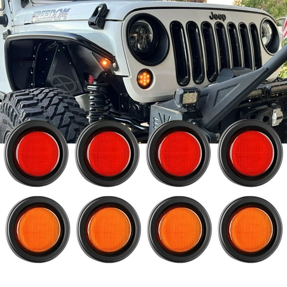 8Pcs Premium 2.5" Round LED Trailer Lights, 13 Red & Amber LED Side Marker Lights Kits with Grommet Plug Grommet Pigtail Hardwired DOT Compliant Universal for Trucks Trailers Rvs Ca