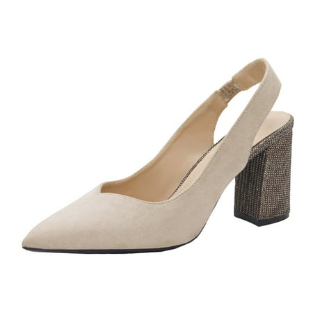 HSMQHJWE Heel Work Shoes Mid Heel Pumps For Women Pointed Toe Slip On Wedding Office Pump 3 Inch Block High Heels Beige 7)