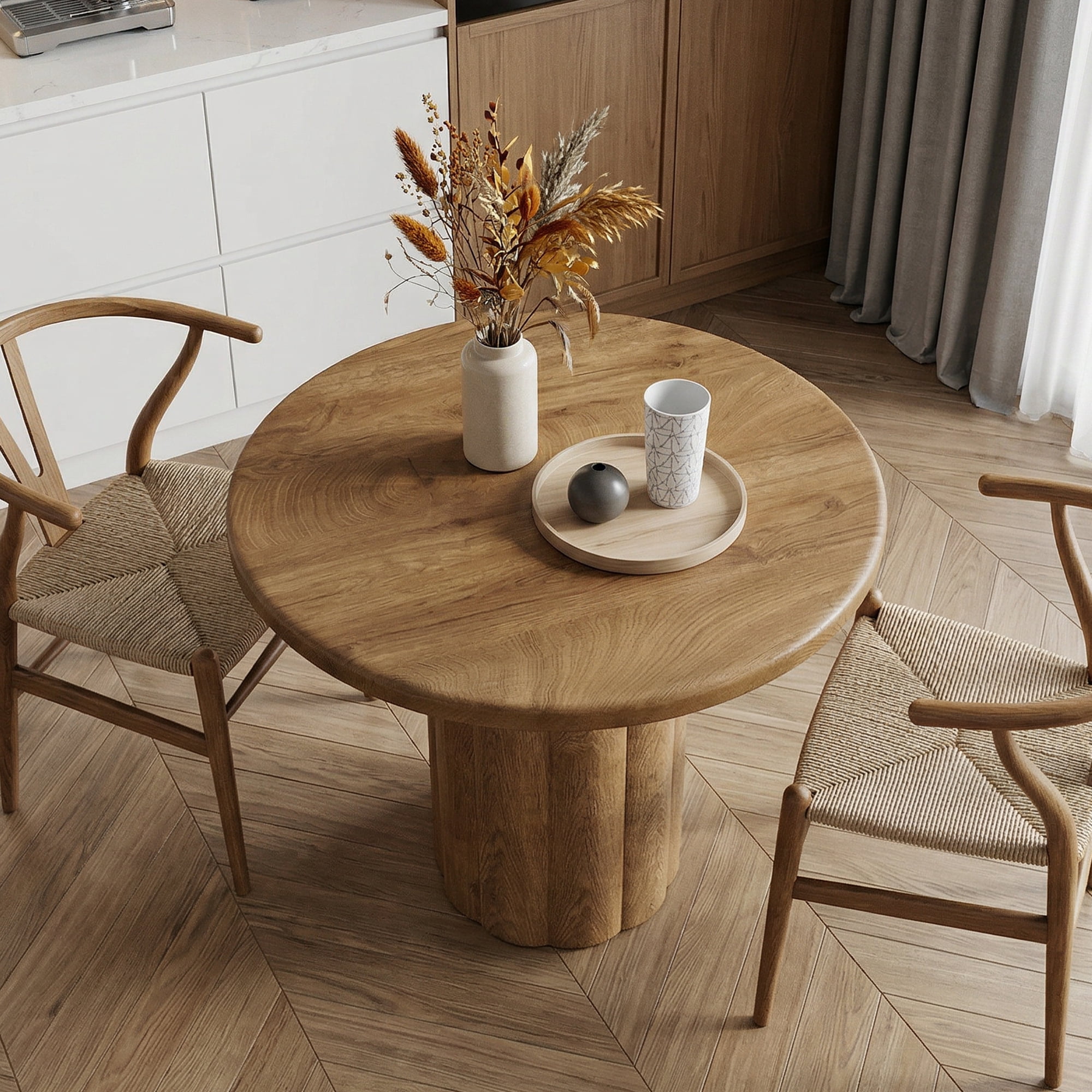 MAYEERTY 31.5 Inch Small Round Dining Table, Farmhouse Kitchen Dinner Table with Curved Wooden Latticed Base for 2 to 4 People