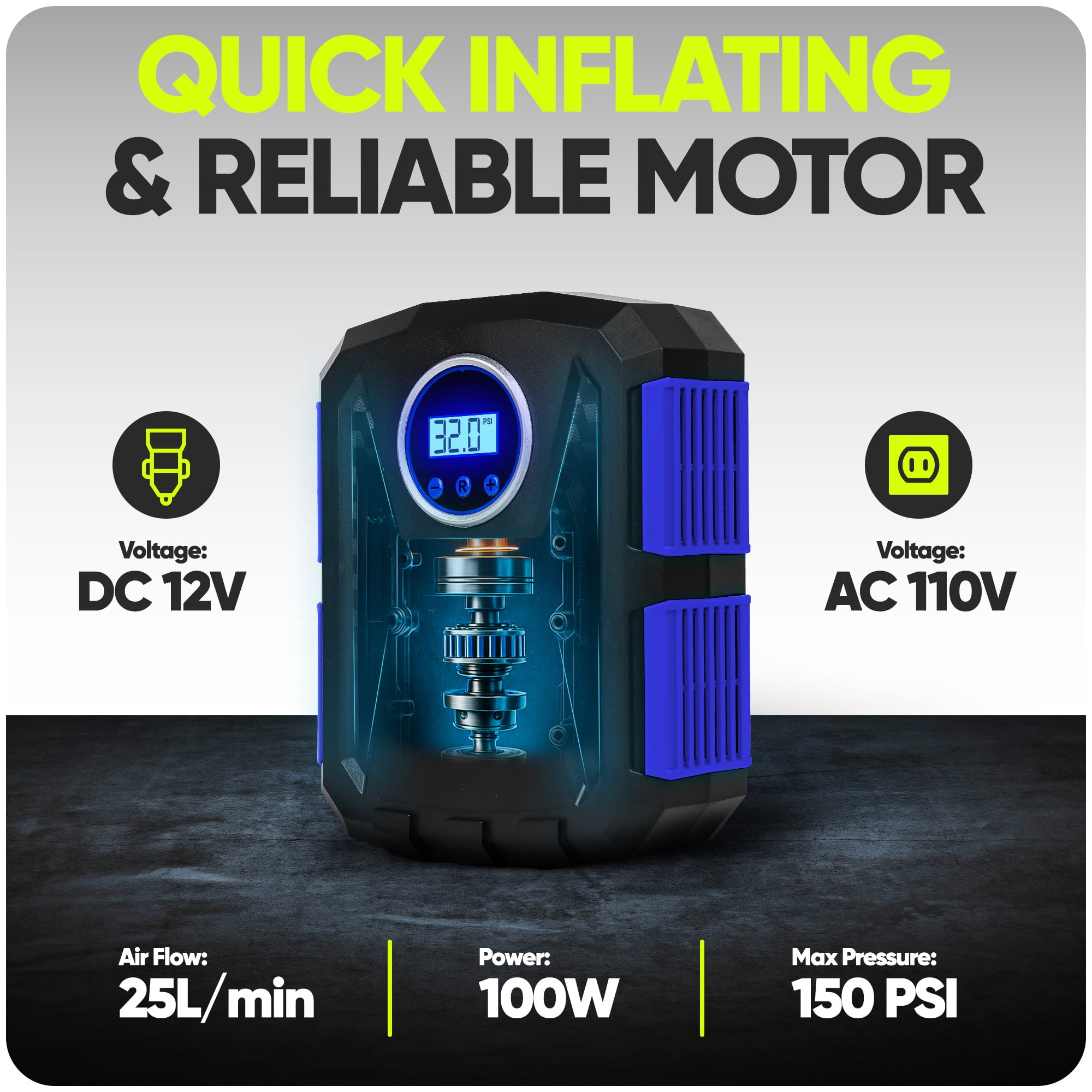FORTEM Tire Inflator 150 PSI, Bike Pump, 112V AC 12V DC Air Pump for Car Tires, Digital Tire Pressure Gauge w/Auto Pump/Shut Off, Carrying Case (Blue)