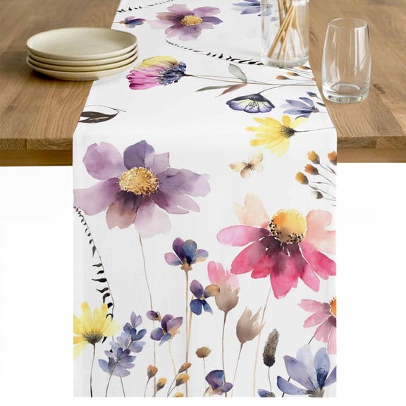 Purple Spring Floral Table Runner - 90 Inch Long Pink Flowers Farmhouse Watercolor Cotton and Linen Blended Dress Scarves Farmhouse Table Runner for Kitchen Dining, Coffee Table, 13" x 90"
