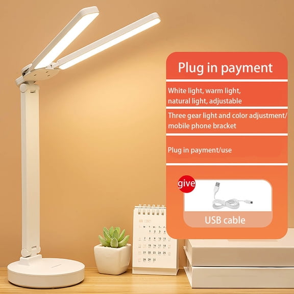 PATLOLLAV LED Desk Lamp Eye Protection,Plug-in Double Night Light,Foldable Touch Control Lamp for Kids Room, Office, Built-In USB Charging Port, Dimmable
