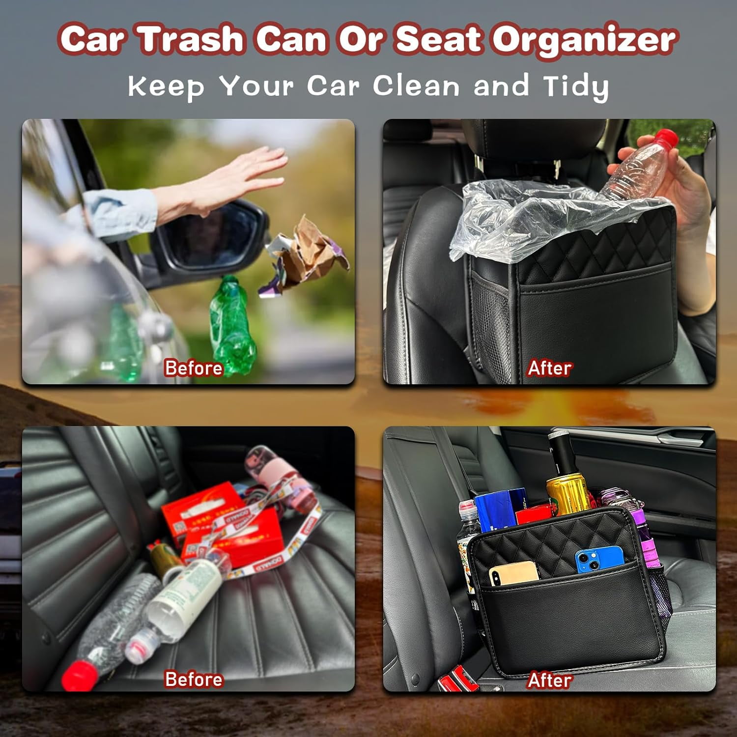 Witaxima 2 Pack Car Trash Bag Hanging, 2.14 Gal Car Trash Can with Storage Pockets, PU Leather Backseat Organizer for Cars, SUVs, Trucks, Black