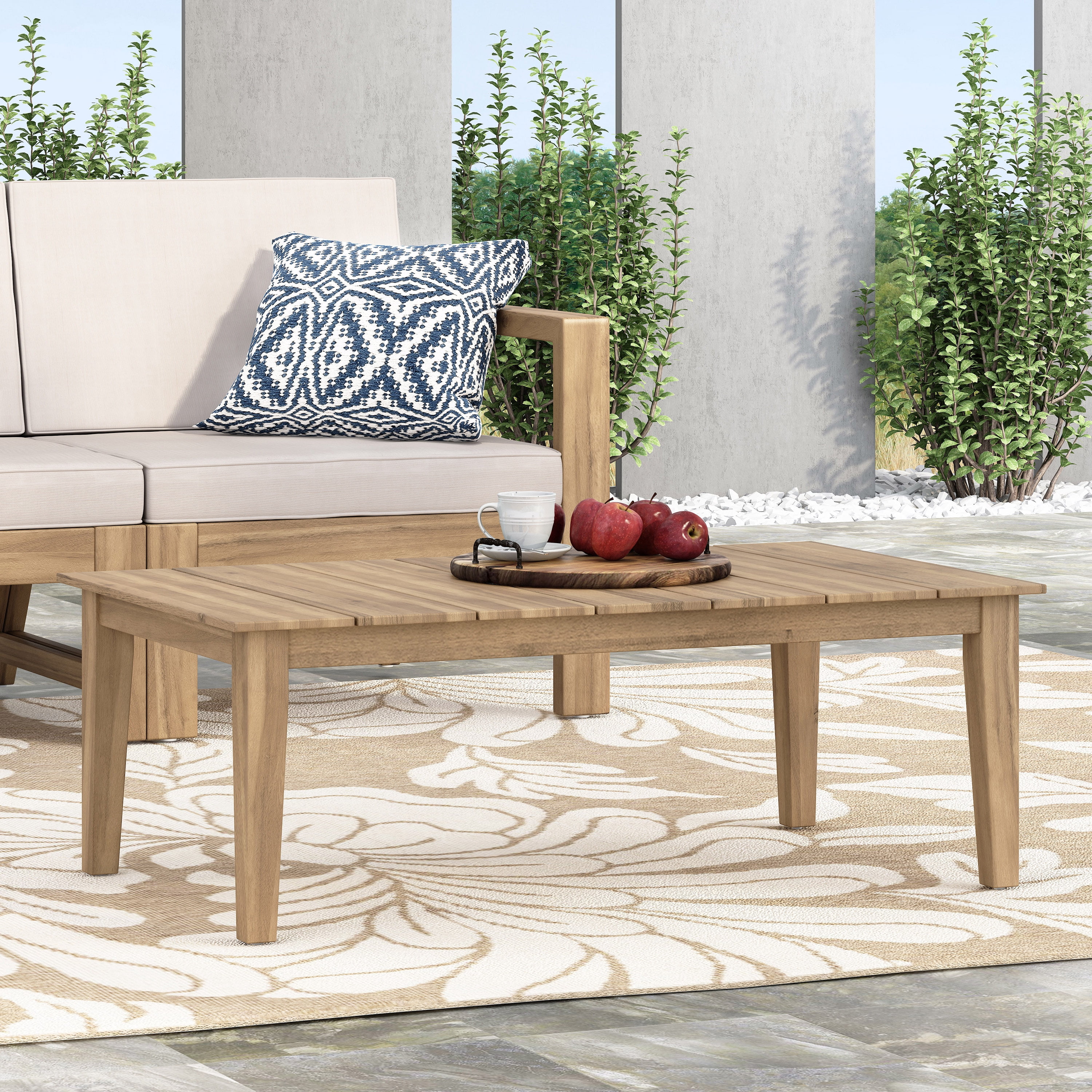 39.5-Inch Acacia Wood Outdoor Coffee Table with Slatted Top and Tapered Legs, Rustic Patio Table for Backyard, Light Brown