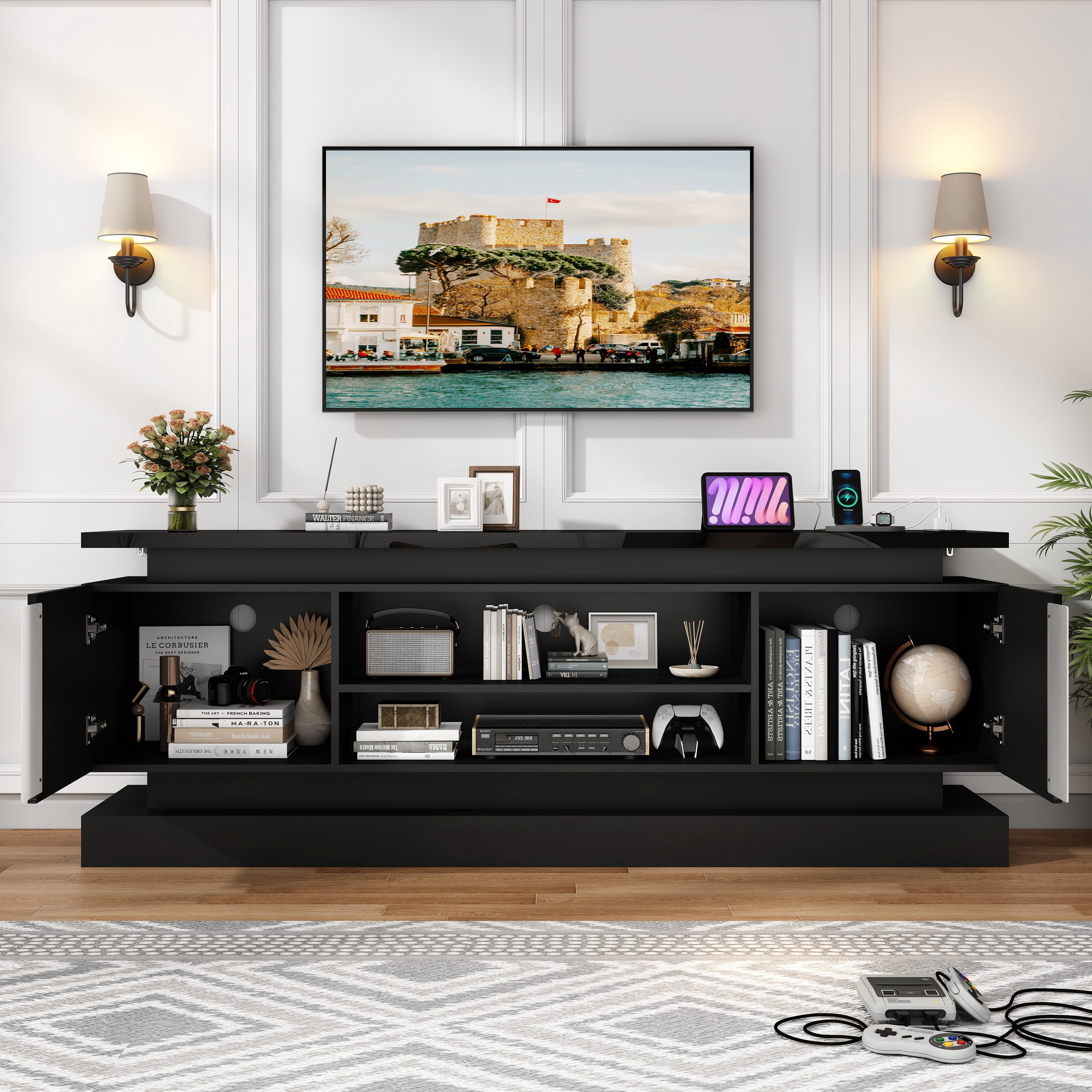 ChVans 71" LED TV Stand for TVs up to 85" with Power Outlets, High Gloss Surface, 2 Storage Cabinet, Modern Style, TV Media Console with Storage, Black