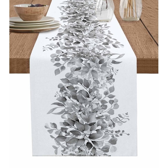 ERUNPONLY Black Grey Eucalyptus Leaves Table Runner - 90 Inch Long Spring Summer Botanical Floral Cotton Linen Blended Dress Scarves Farmhouse Table Runner for Kitchen Dining, Coffee Table, 13" x 90"