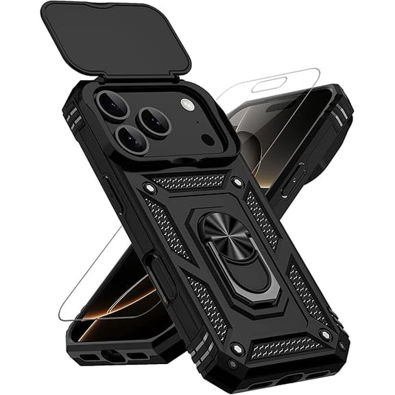 for iPhone 17 Pro Case, with Slide Camera Cover HD Screen Protector [Military Grade 16ft. Drop Tested] Ring Holder Kickstand Protective Phone Case for Apple iPhone 17 Pro, Black