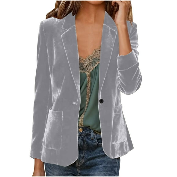 Women's Solid Gold Velvet Lapel Suit with Fake Pockets