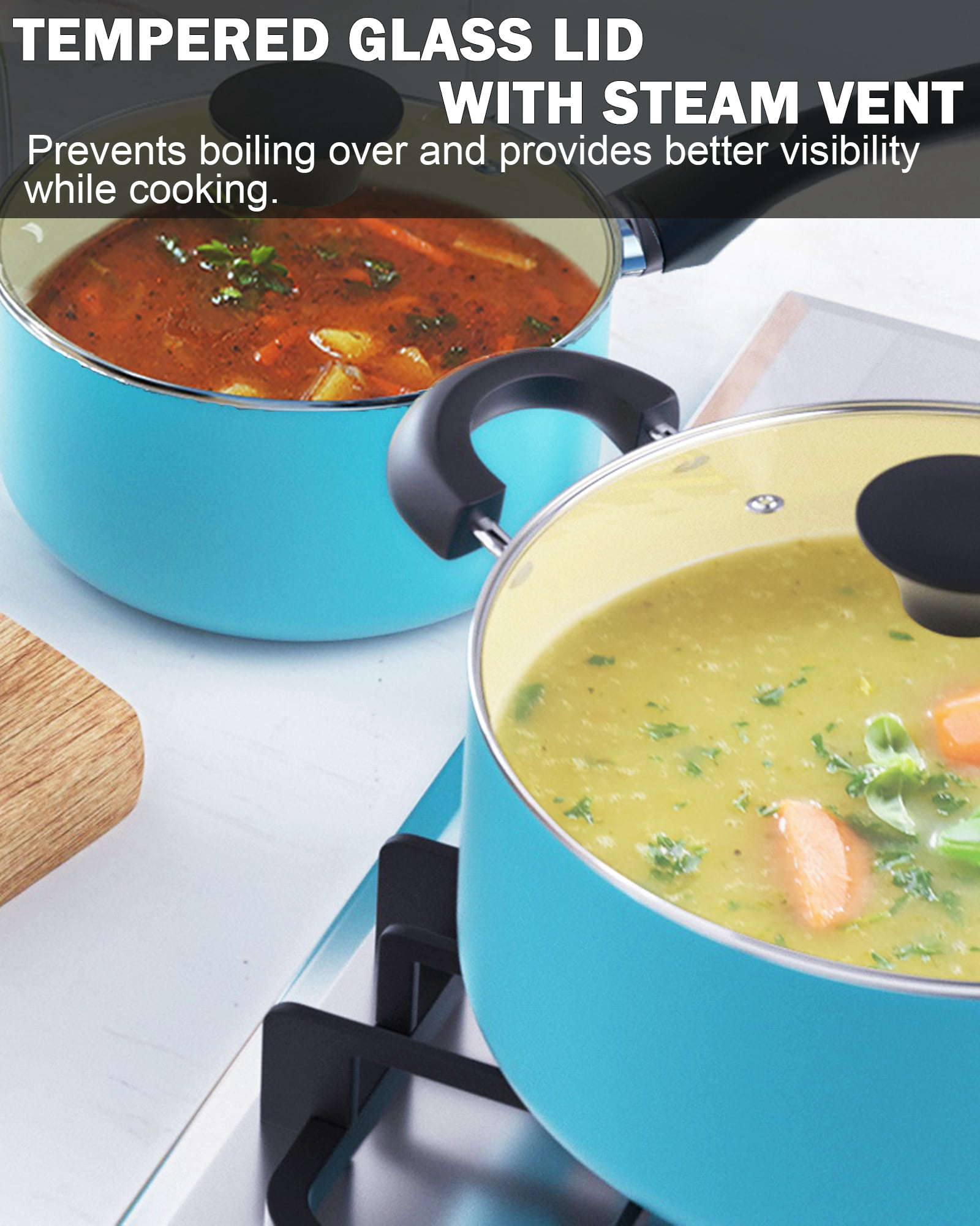 Cook N Home Basics Ceramic Nonstick Pots and Pans Cookware Set, Dutch Ovens and Saucepans with Glass Lid, Frying Pans without Lid, Not Induction, 10-Piece, Turquoise