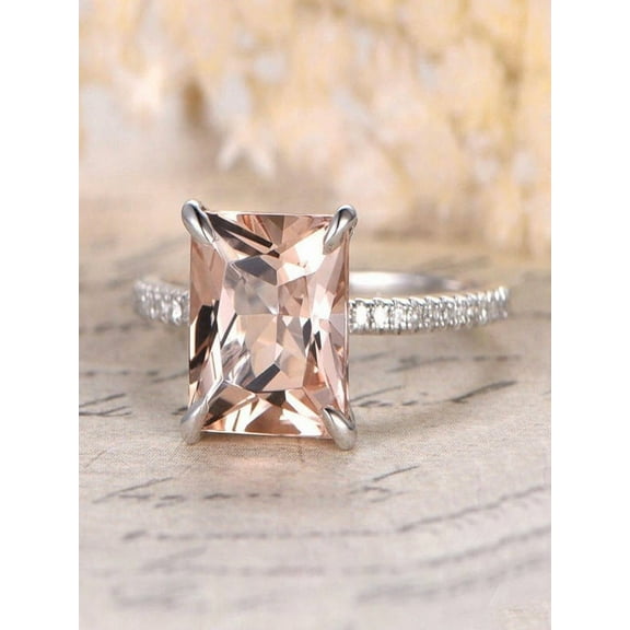 1.25 Carat Peach Pink Morganite (princess cut Morganite) and Diamond Engagement Ring in 10k White Gold