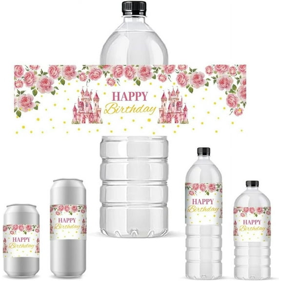 30 Sheet 30pcs Happy Birthday Water Bottle Labels Adhesive Bottle Labels Stickers Castle Flowers Waterproof Water Bottle Wraps Party Favor Decorations for Birthday Party 8.5x2.5 inch