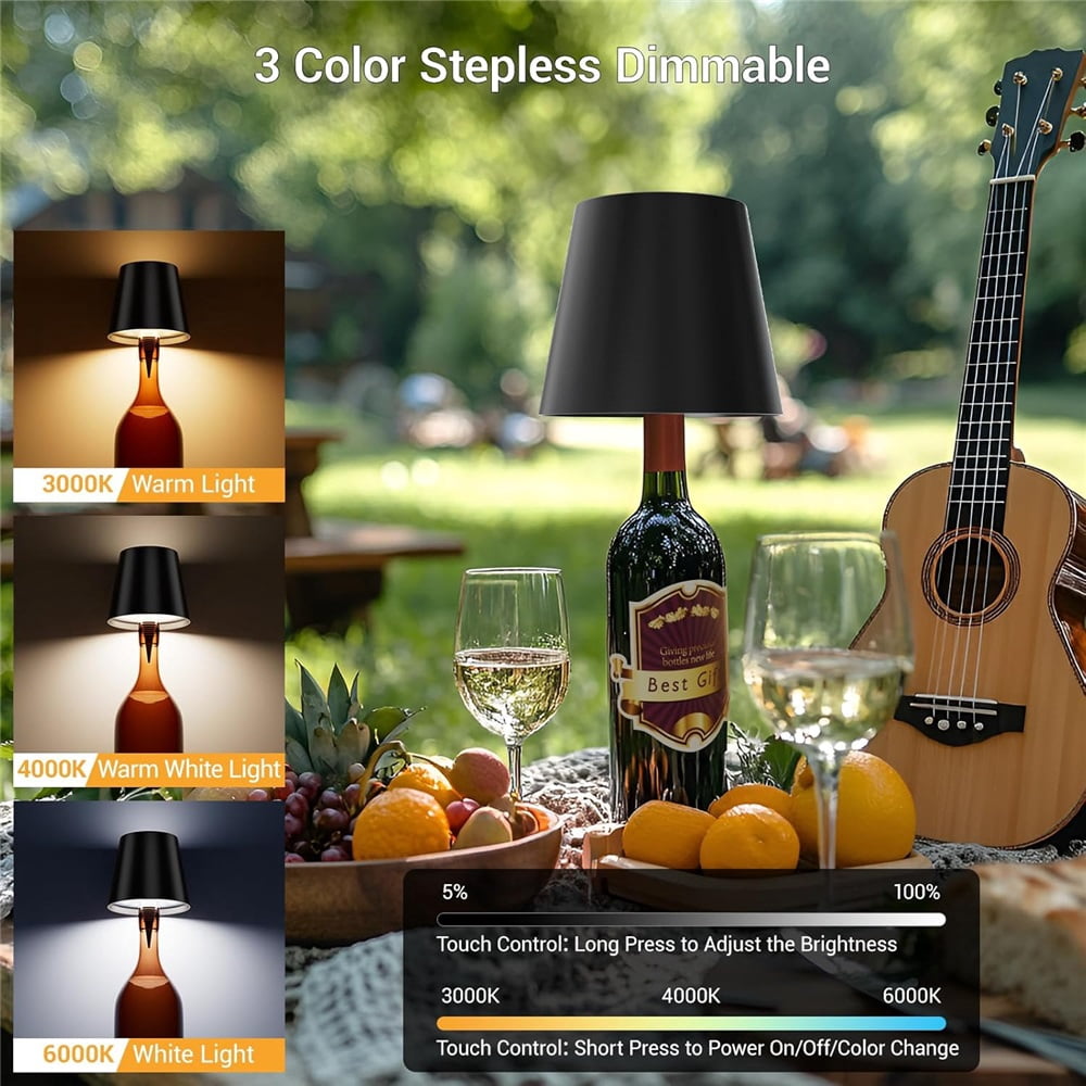 2-Pack Rechargeable Wireless Wine Bottle Lights, 3 Color Temperature Dimmable LED Bottle Lamp with Shade, USB Rechargeable Decorative Desk Lamp