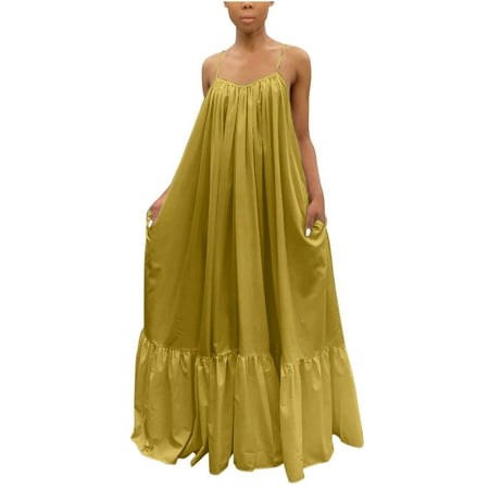 

YanHoo Women s Plus Size Dresses Sexy Backless V Neck Sleeveless Sling Dress Loose Summer Pleated Maxi Dress