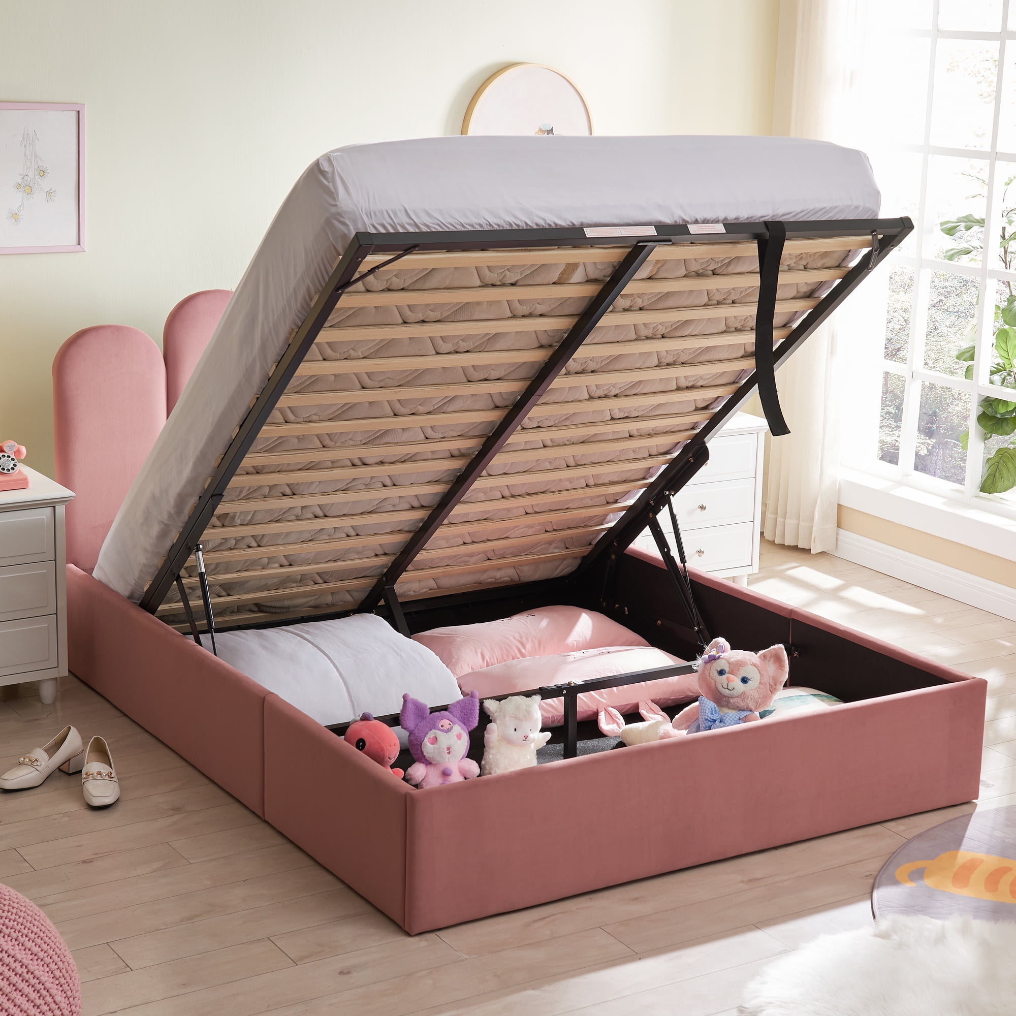 Zanmintaobo Full Bed Frame with Storage & Headboard, Upholstered Platform Bed with Hydraulic Storage System, No Box Spring Needed, with Wood Slats Support, Easy Assembly, Full Size, Pink