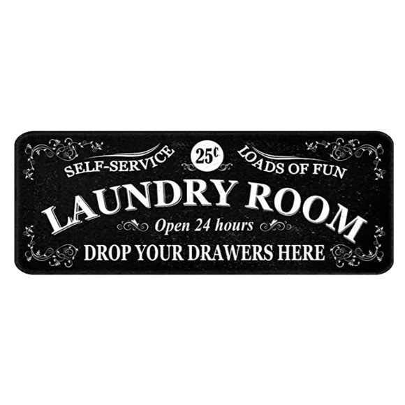 Long Laundry Room Mat with "SELF SERVICE LAUNDRY OPEN 24 HOURS" 16"x47", Non Slip Heavy Duty Rug, Plush Velvet Floor Mat for Utility Room, Machine Washable PVC Backing